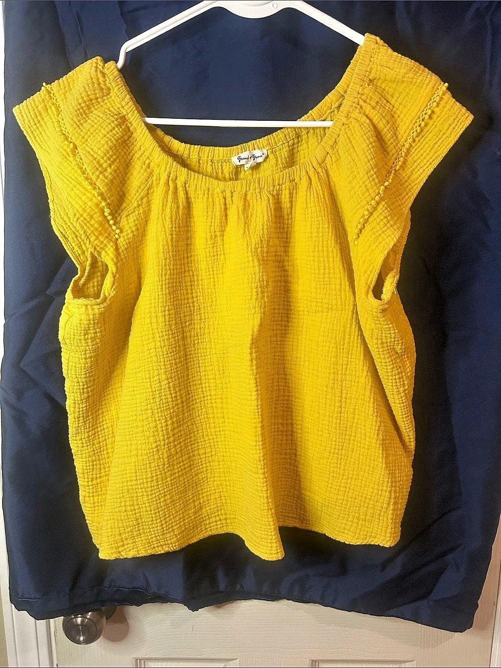Grand & Greene Pom-Pom Trim Ruffle Blouse Yellow